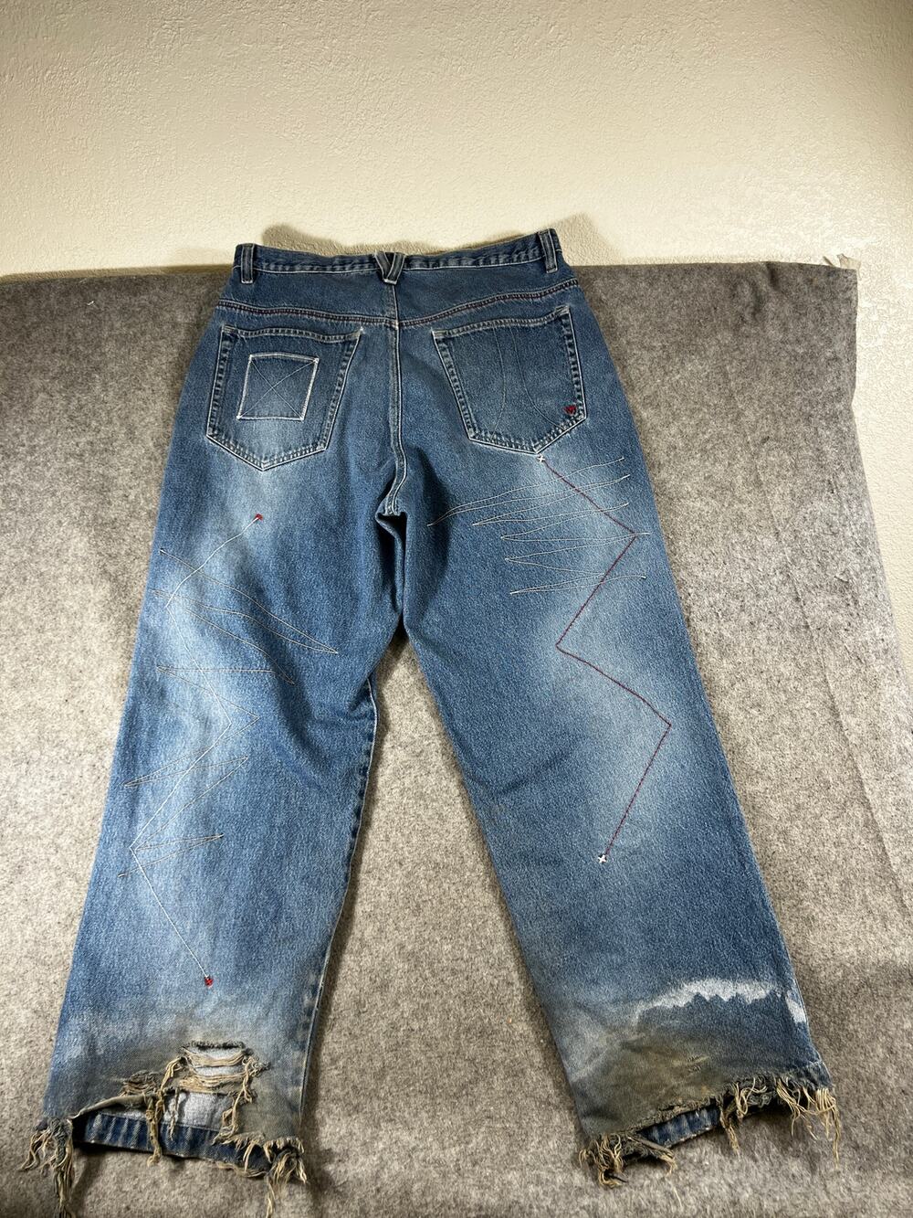 Vintage Y2K Vokal Jeans Mens 38 Blue Wide Leg Patchwork Utility Skate Distressed